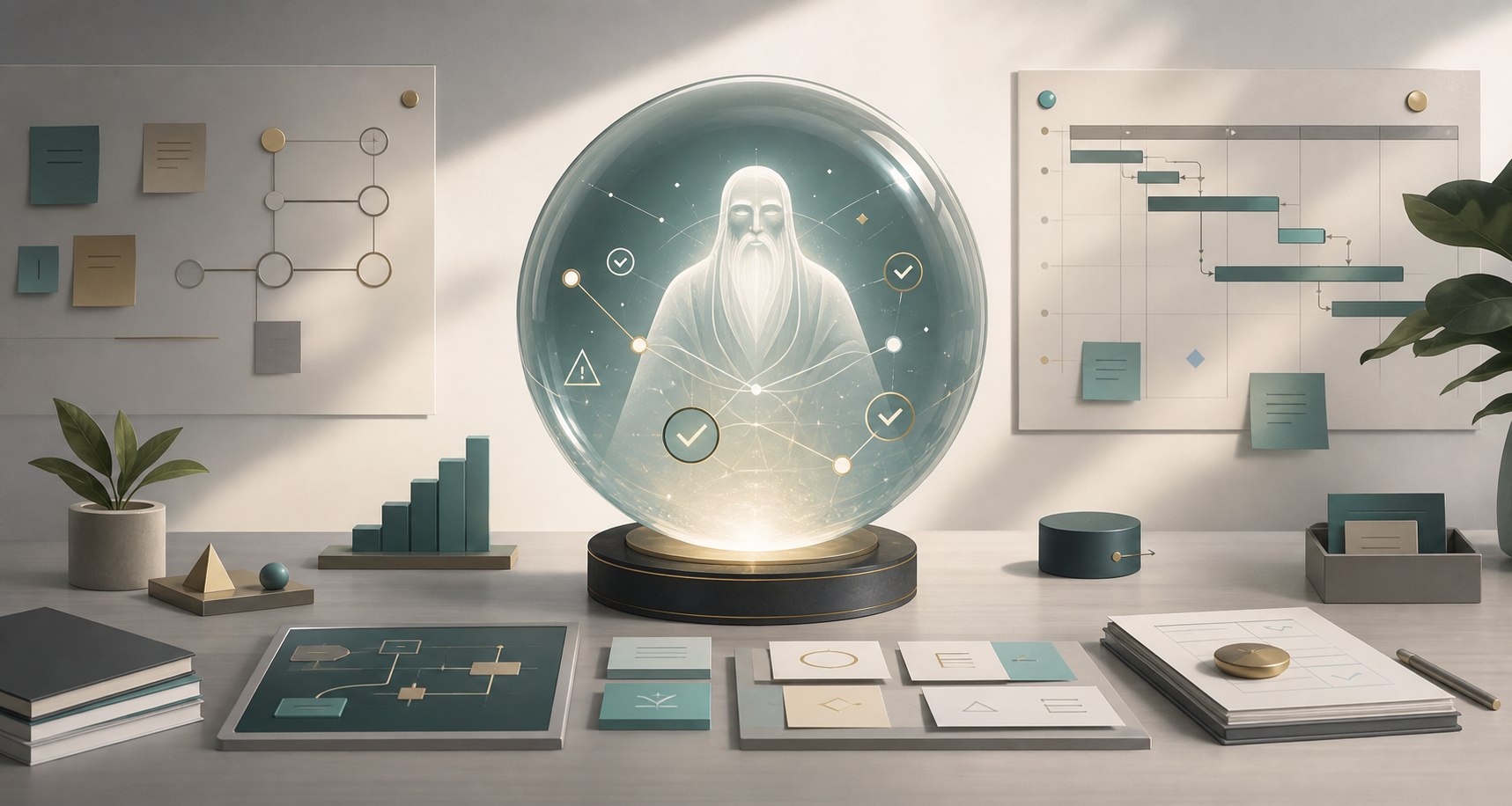 Oracolo del Project Manager con sfera luminosa, planning board e diagramma di Gantt